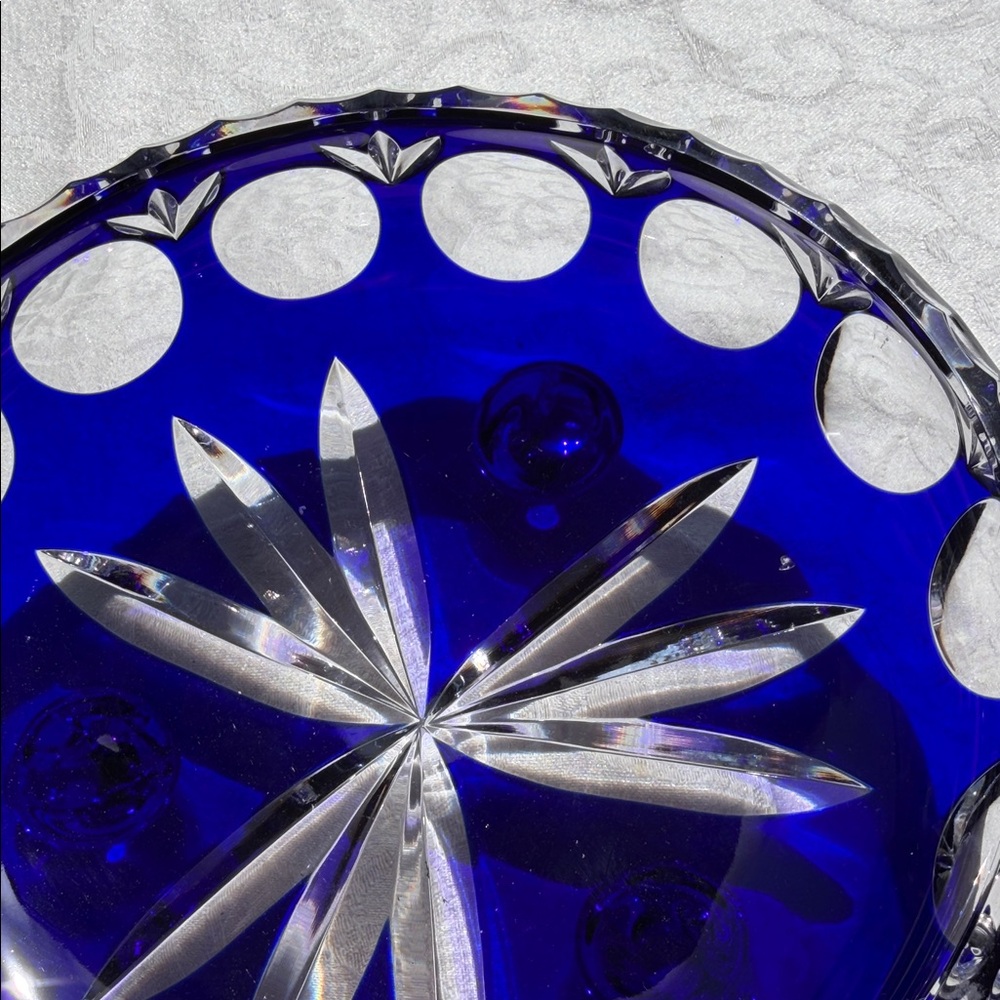Vintage Cobalt Blue Cut Glass Decorative Bowl - Home Art 8” width , 3” tall - Picture 7 of 13